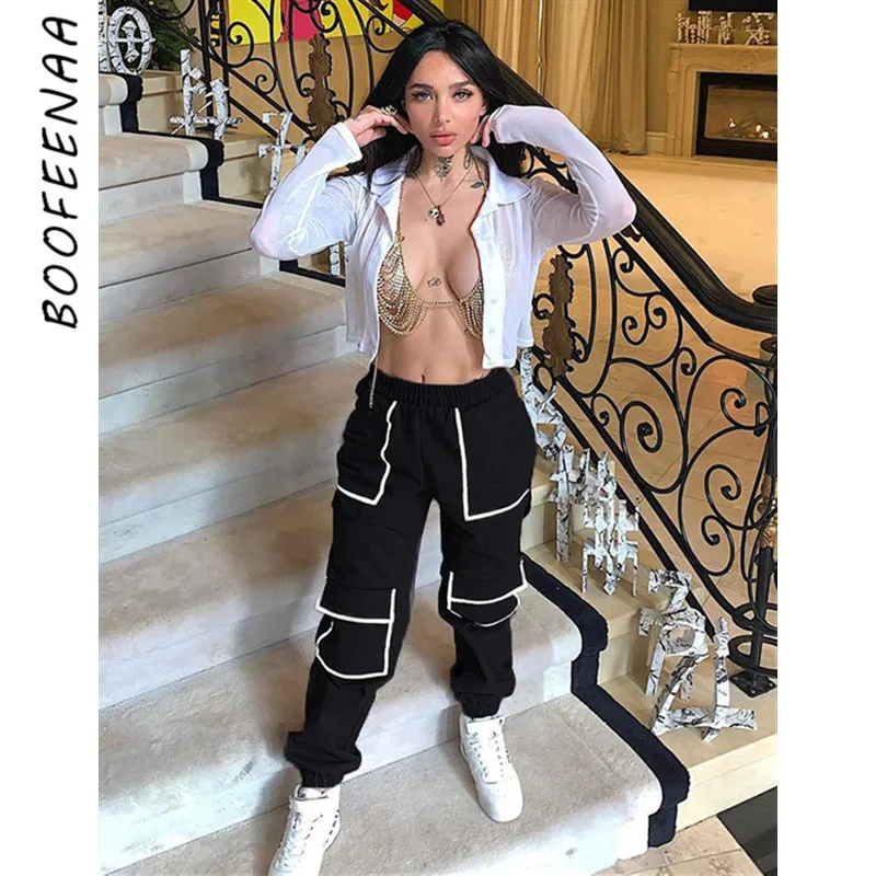 BOOFEENAA черные брюки карго с карманами весна 2020 модные хип хоп джоггеры женские
