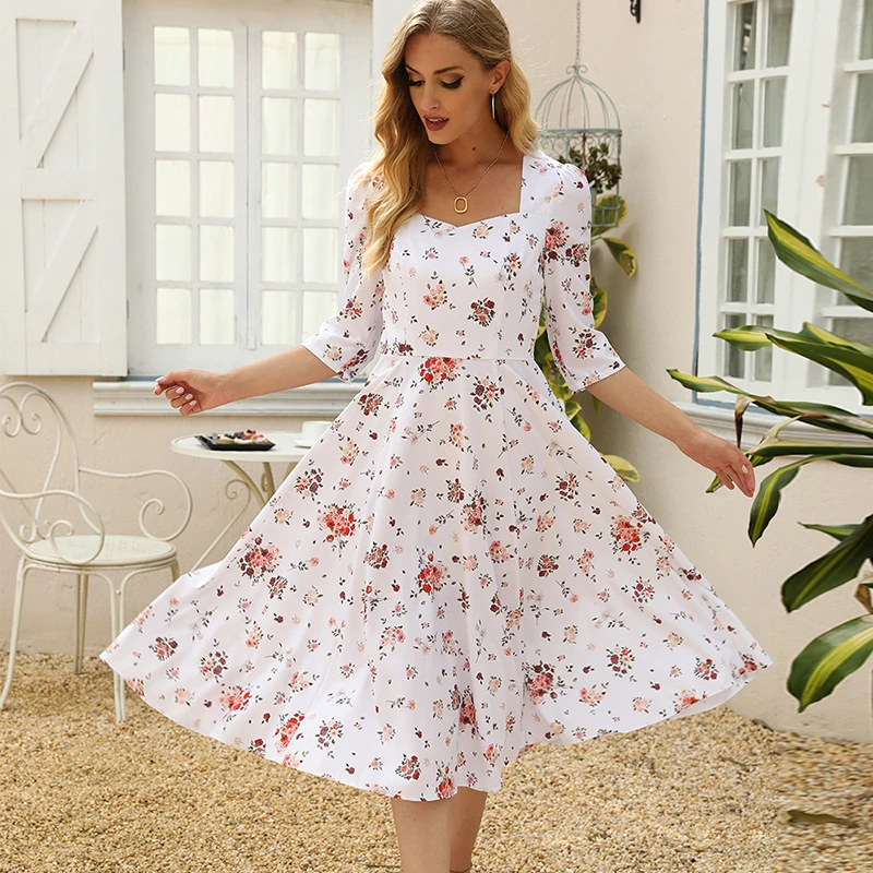 

Summer White Printing New Women's Elegant Square Neck A-line Skirt Vestidos Fashion Fresh Retro Casual Beach Floral Dress