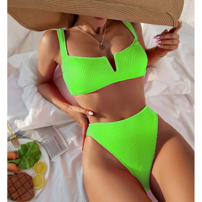 

Бикини пуш-ап с V-образным вырезом, 2022, сексуальный женский купальник, однотонный купальник, Женский бразильский комплект бикини с высокой т...