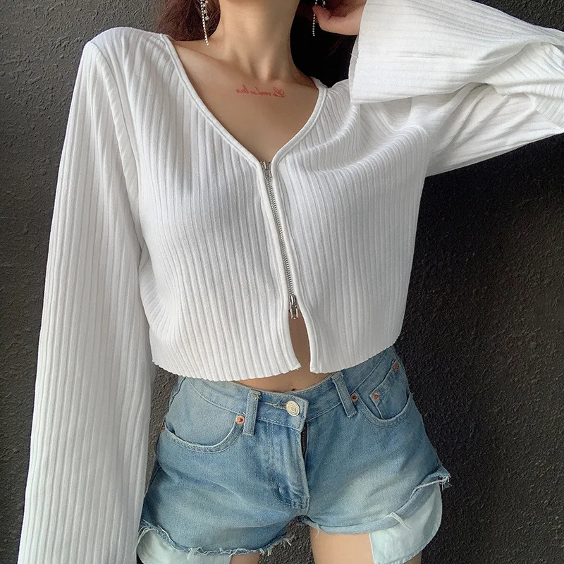 

Pure Color V-neck Zipper Cardigan Basic Loose Thin Section Micro-trumpet Long Sleeve T-shirt Women's Harajuku Women's T-shirt