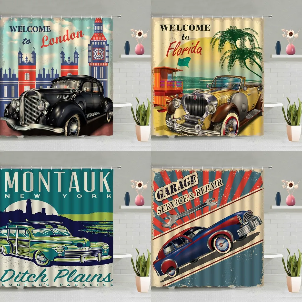 

Retro Vintage Car Shower Curtain Palm Tree Ocean Scenery European Style Nostalgic Classic Cars Bathtub Decor Screen Washable