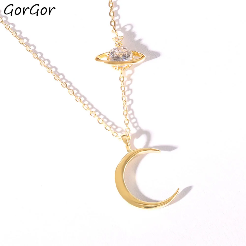 

GorGor Necklace Women Copper Material Pattern Crescent Moon Pendant Star Mosaic Zircon Elegant Engagement Jewelry 60300661658