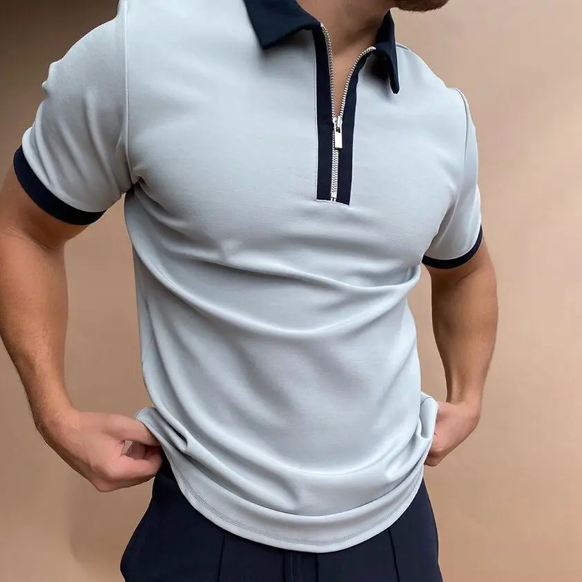 

New Summer Mens Polo Shirt Short Sleeve Turn-over Collar Slim Tops Casual Breathable Solid Color Business Shirt