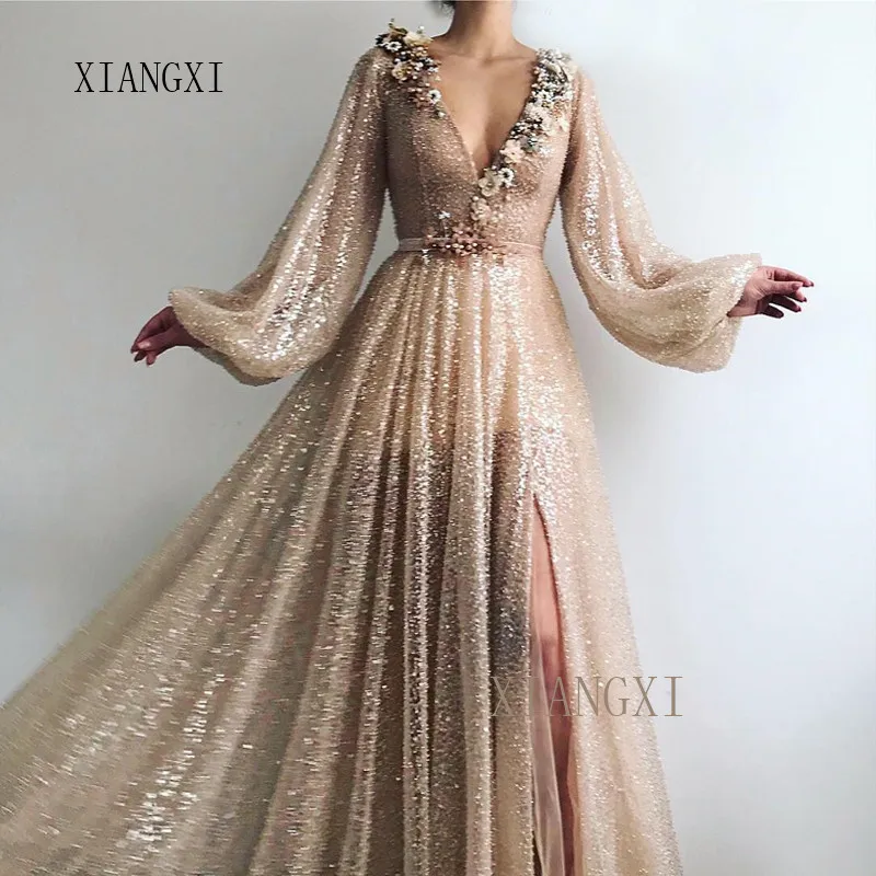 

Charming Gold Evening Dresses A-Line Deep V-Neck Full Sleeves Beaded Long Evening Dress Vestido de festa Longo robe de soiree