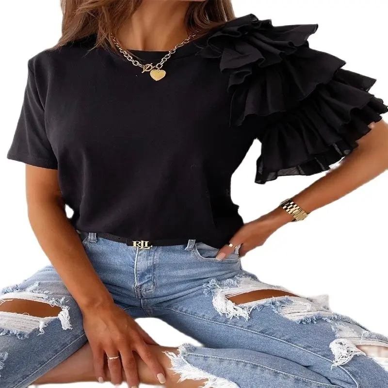 

2021 Summer Women's Simple And Fashionable Ruffled Round Neck T-Shirt Street Wear Casual Short-Sleeved Top