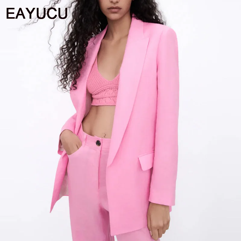 

EAYUCU Fall 2021 Mujer De Moda Printed Cuff Linen Suit Blazer Women's Long-Sleeved Loose Casual Pure Color EO004