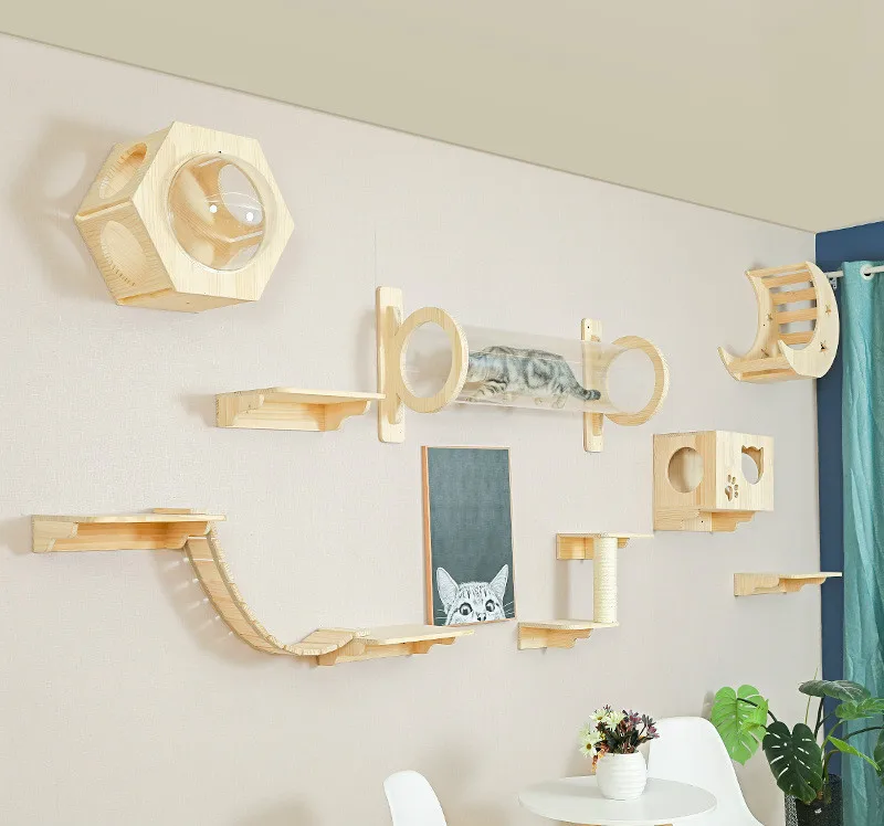 Solid Wood Wall-mounted Cat Litter Cat Tree Integrated Platform Springboard Climbing Ladder