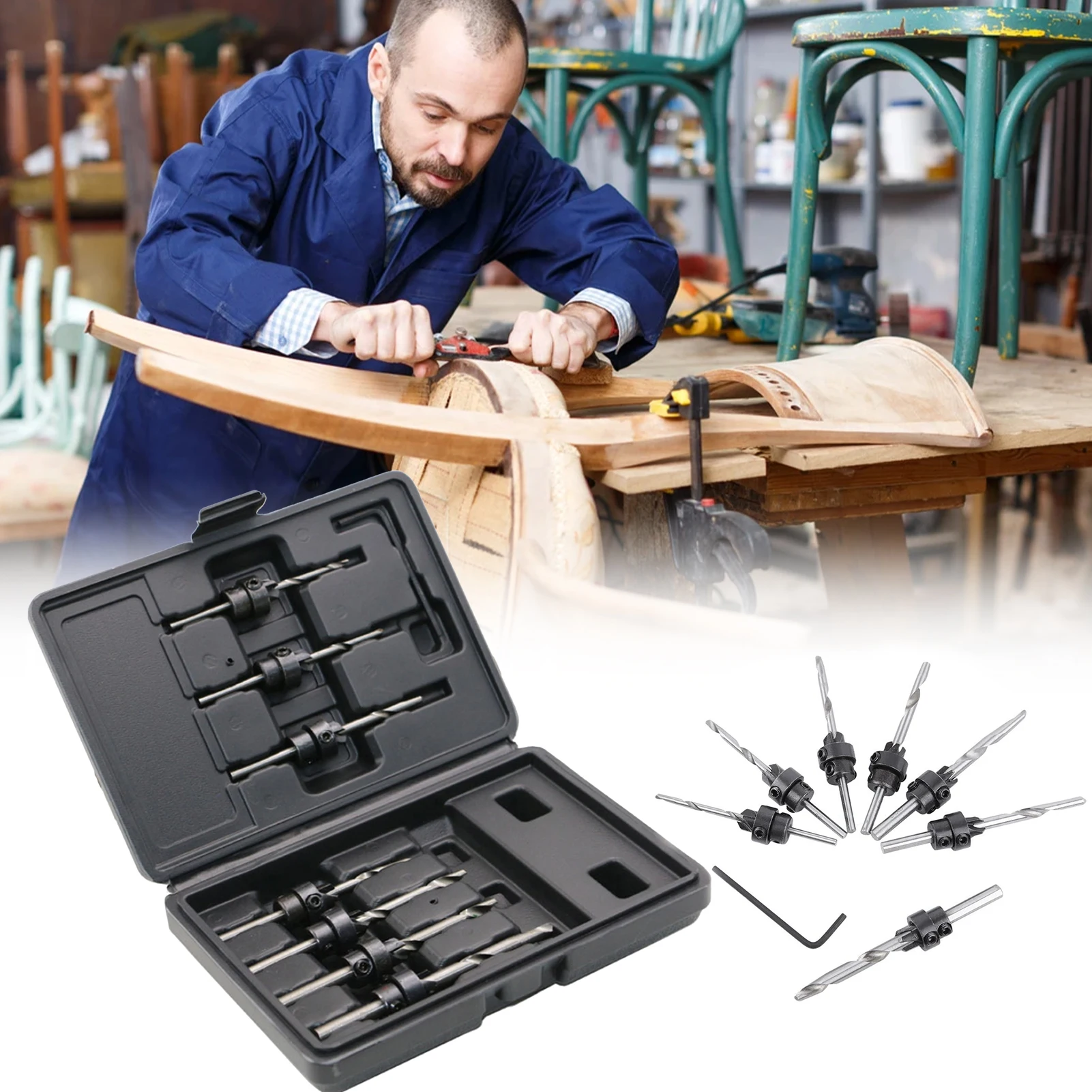 

7Pcs Tapered Countersink Drill Bits + Wrench Set Hole Depth Adjustable Woodworking Tool