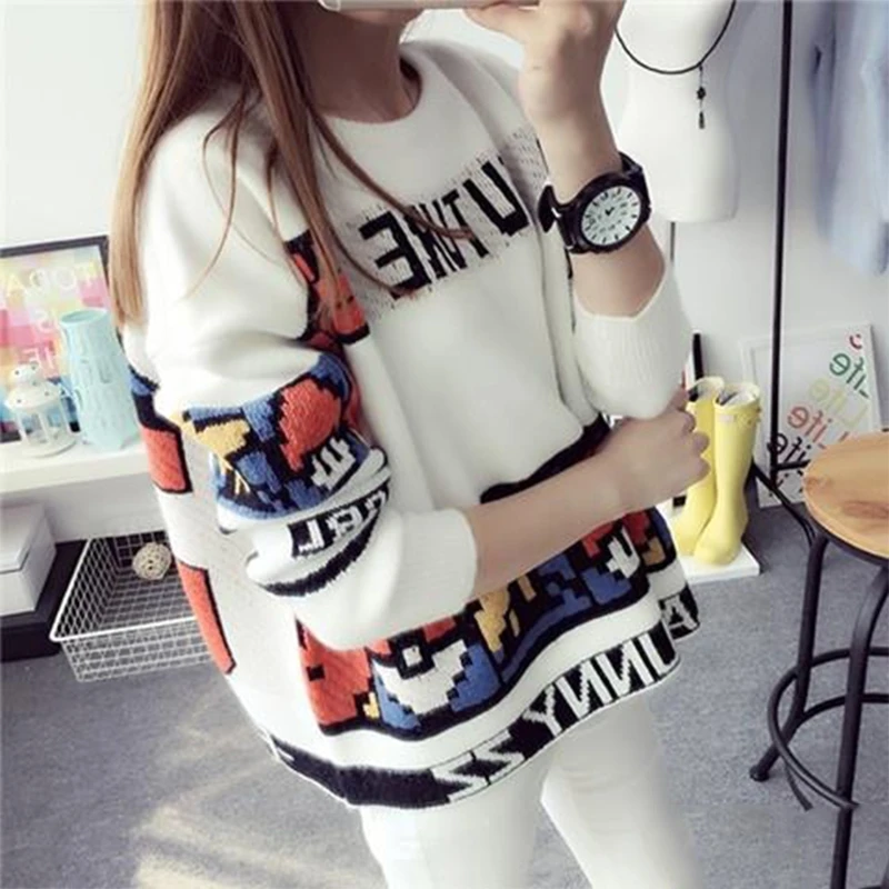 

Women Autumn Winter Long Sleeves Knitted Sweater Loose Crew Neck Printed Pullover Korean Style Casual Tops Jumper Streetwear