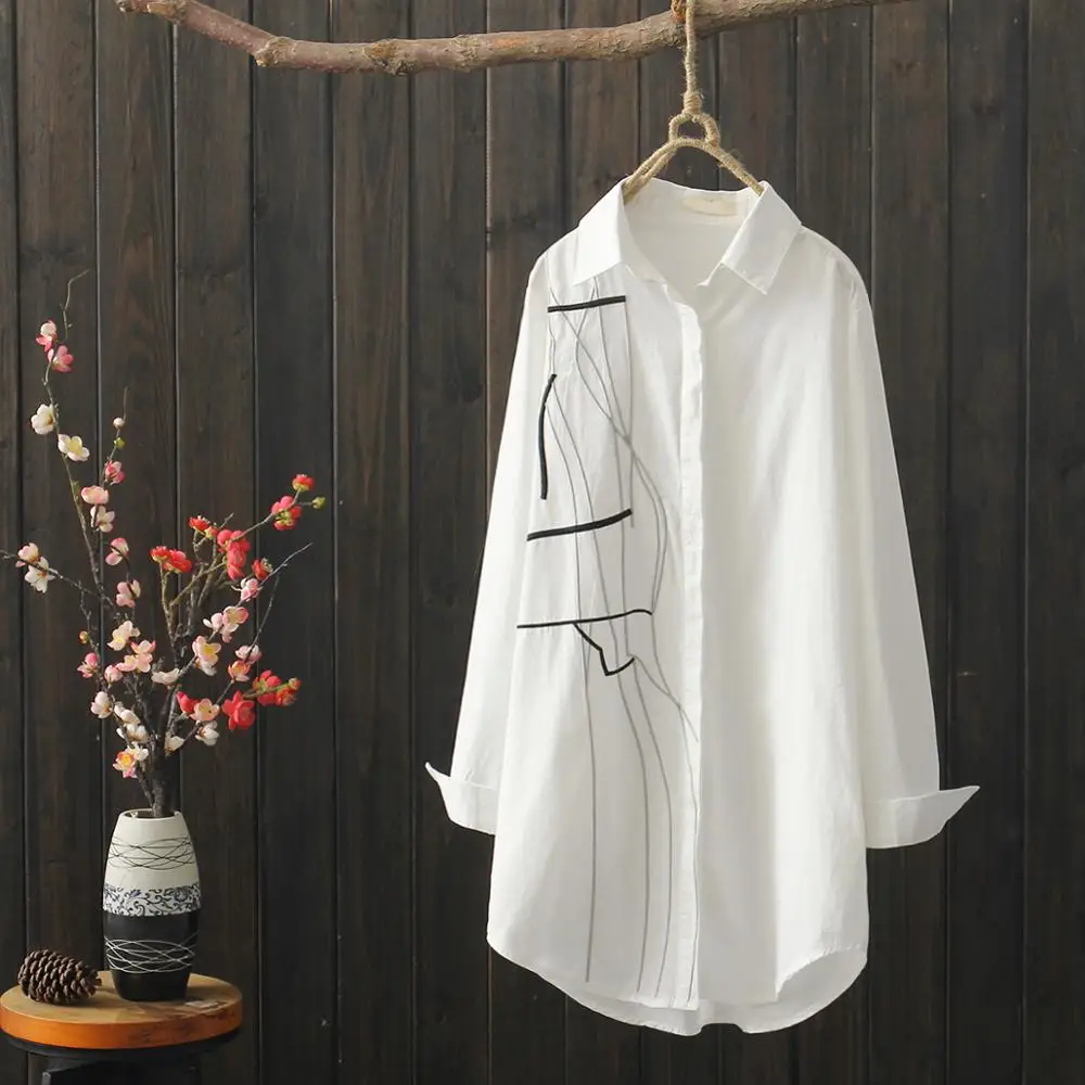 

Striped Embroidery Women Shirts Autumn New Long-Sleeved Casual All Match Female Outwear Coats Tops