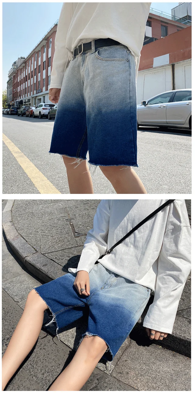 

Summer Gradient Denim Shorts Men's Fashion Retro Denim Shorts Men Streetwear Korean Loose Hip-hop Straight Denim Shorts Mens