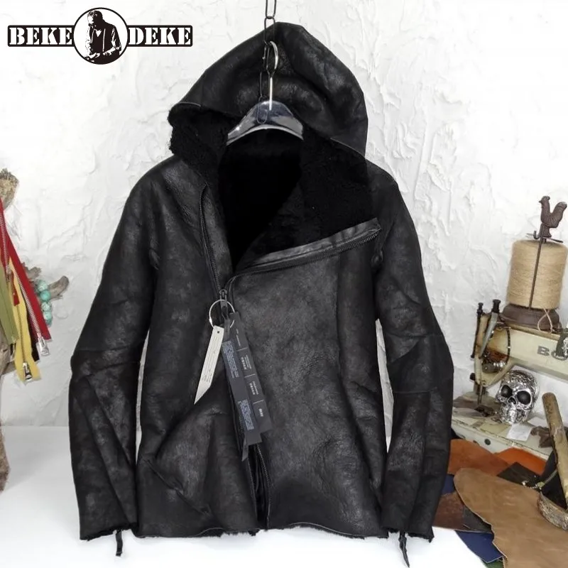 

Luxury Shearling Biker Jacket Men Winter Real Fur Sheepskin Casual Short Hooded Coat Streetwear Warm Thick Zipper Black Jacket