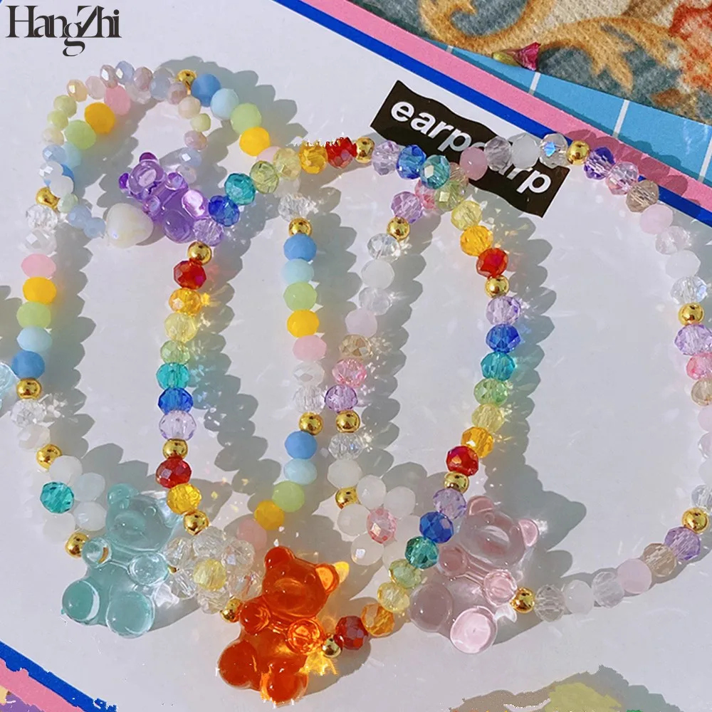 

HangZhi 2021 New Korean Colorful Glazed Crystal Cute Little Bear Resin Beaded Bangles Bracelets for Women Party Jewelry