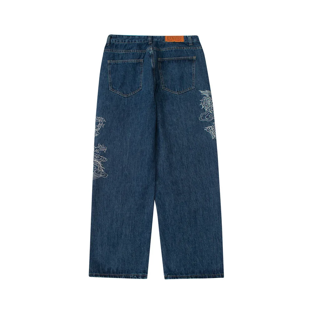 2022 Chinese Style Dragon Embroidery Oversize Men Straight Jeans Trousers Hip Hop Wide Leg Loose Casual Denim Pants Pantalones