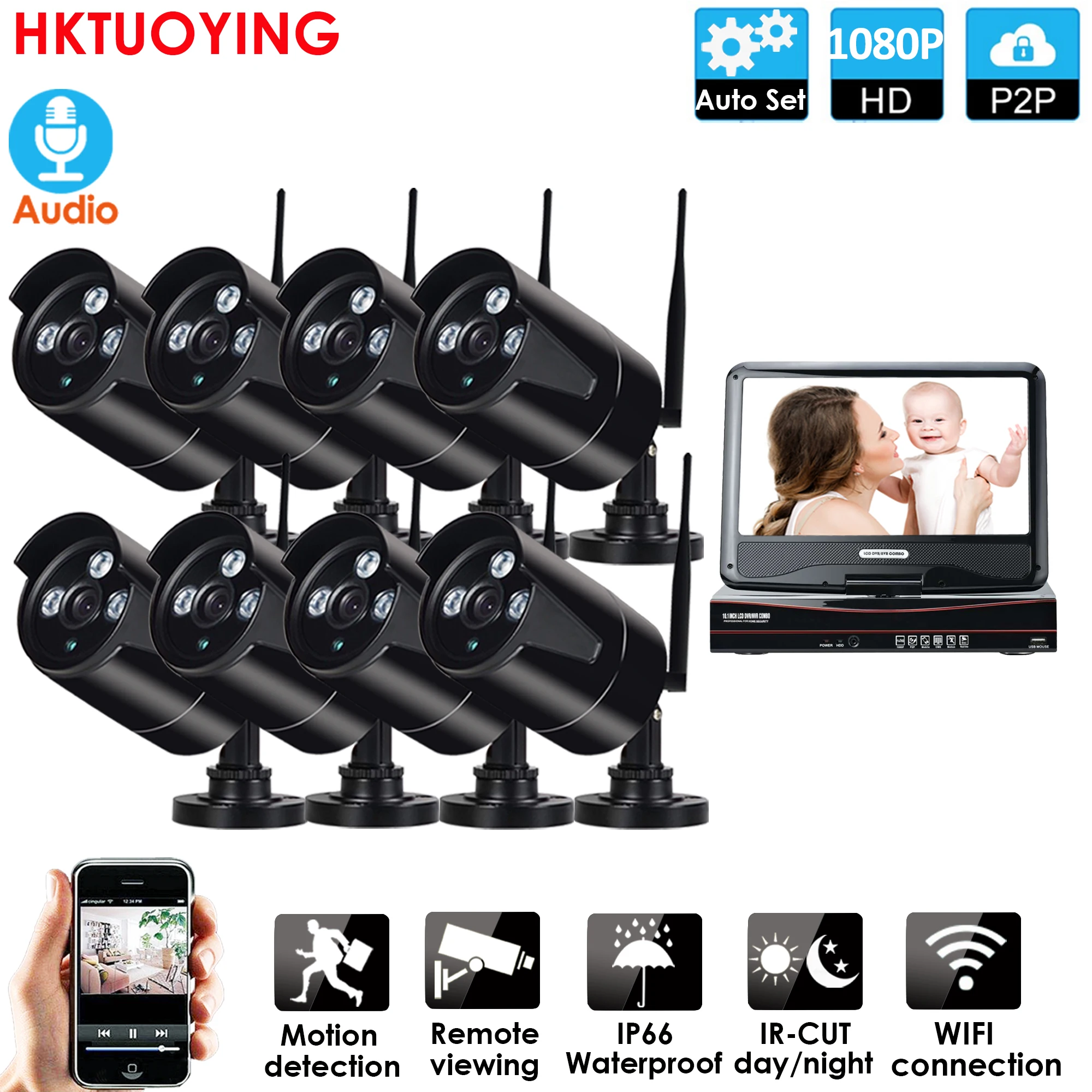 8CH AudioWireless cctv Системы сети 10 1 &quotЖК дисплей монитор NVR Регистраторы Wi Fi комплект 1080P