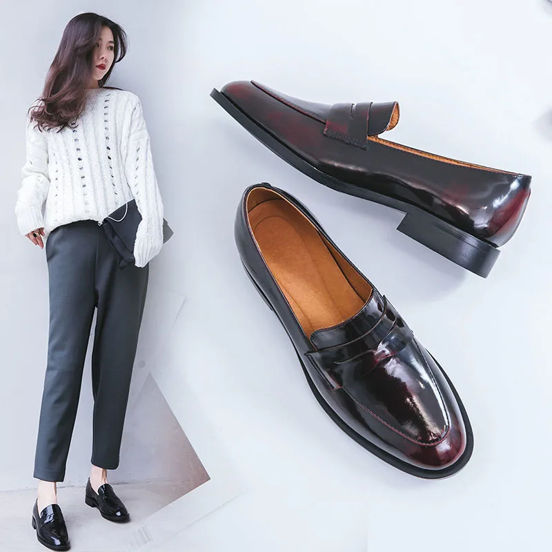 

ladies Leather shoes British style plus size 22-26.5cm women pumps loafers lazy shoes womens platform heels black shoes