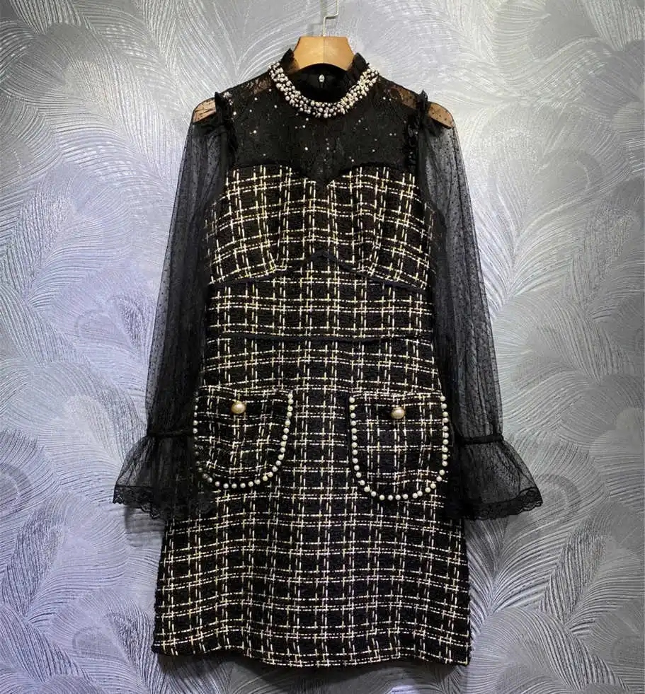 

Женское твидовое платье в стиле пэчворк, элегантное кружевное платье во французском стиле с воротником-стойкой и расклешенными рукавами, м...