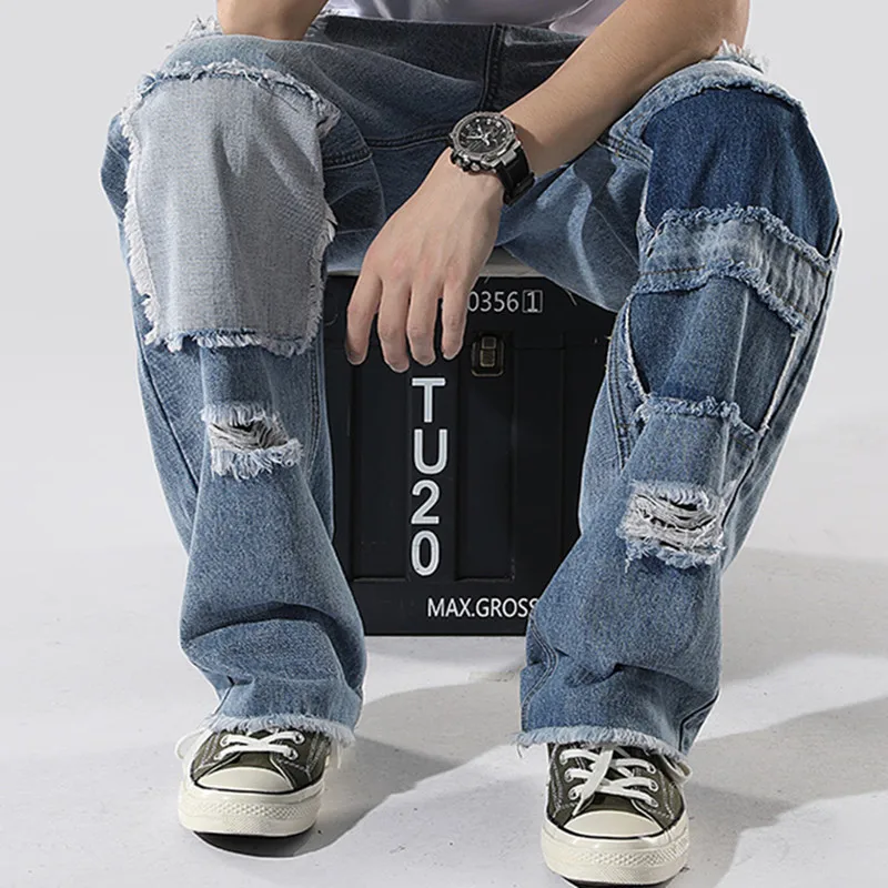 New Fashion Patch Embroidery Hole Ripped Men Hip Hop Jeans Trousers Oversize Straight Beggar Denim Pants Punk Goth Ropa Hombre