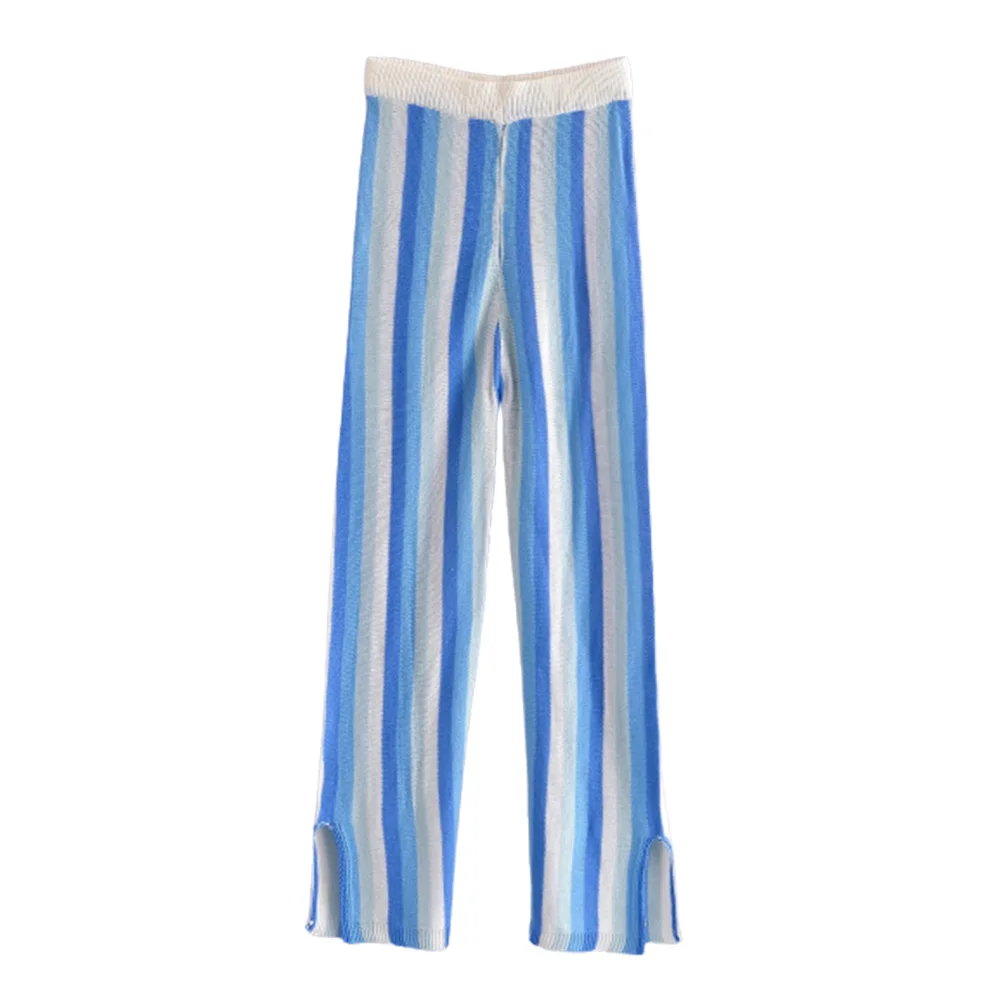 

DYLQFS 2021 New Summer Women Blue Stripes Elastic High Waist Pants Female Fashion Loose Streetwear Casual Long Trousers