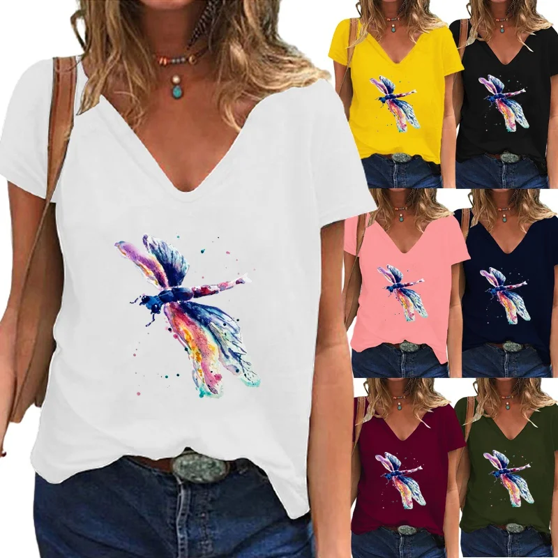 

Летняя женская модная футболка с рисунком стрекозы, Повседневная футболка с коротким рукавом и глубоким V-образным вырезом, однотонный пуло...