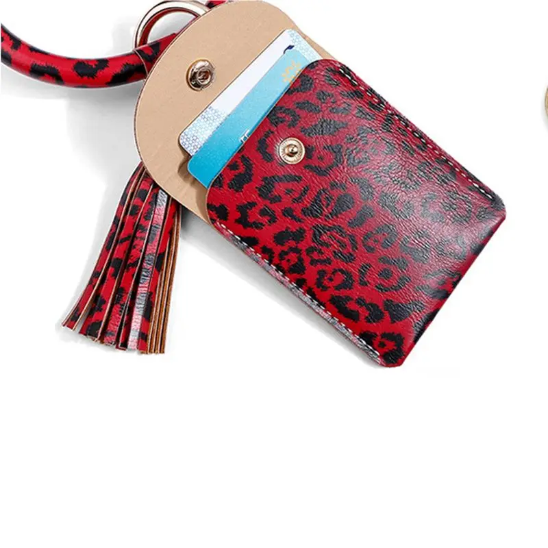 

3 Color Leopard Print Keychain Bracelet PU Leather Wristlet Coin Purse Fashion Card Key Holder Kit with Tassel for Women