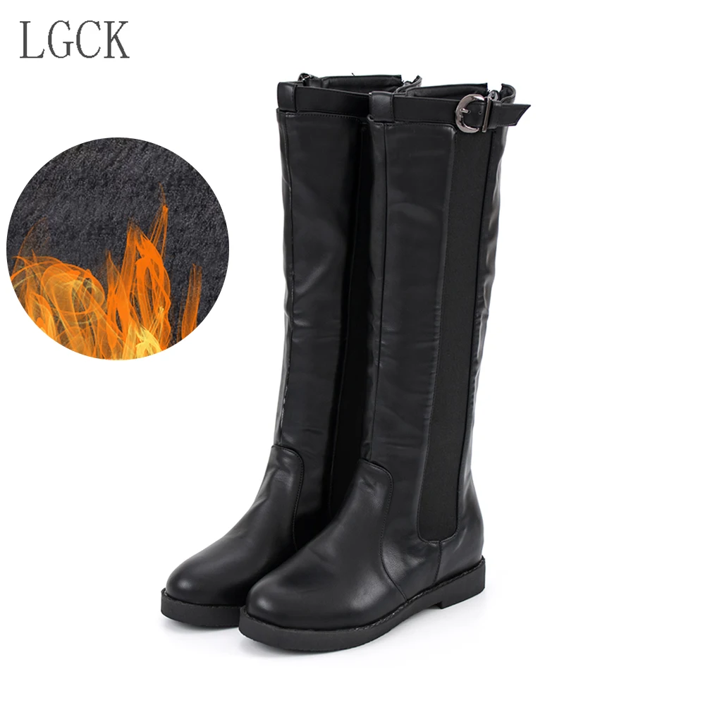 black fur Большие размеры 34-46; модные зимние женские сапоги для верховой езды; мотоботы на низком каблуке; осенние женские высокие сапоги на молнии с пряжкой; высокие сапоги - Цвет: black fur
