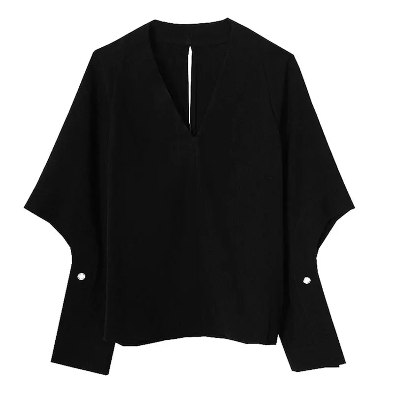 

XITAO Casual Black Shirt Women Fashion New Korean Style V Neck Collar Long Sleeve Pullover Button Loose Match All Slim DZL2682