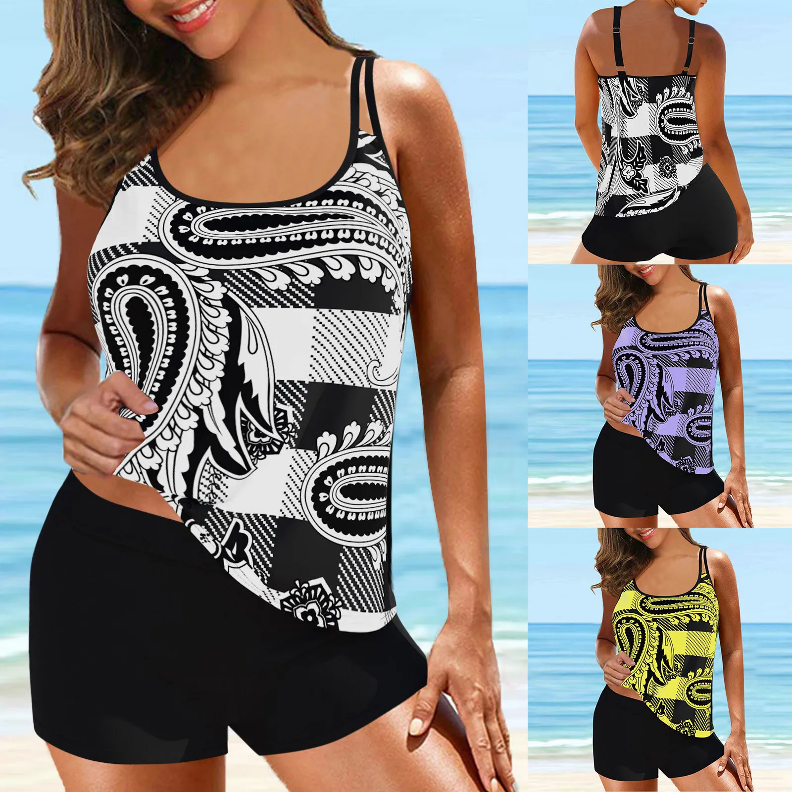 

Summer Swimwear Women's Tankini Large Bikini Set Digital Print Suspender Beach Split Swimsuit Sexy Bathing Suit Plus Size S-2XL