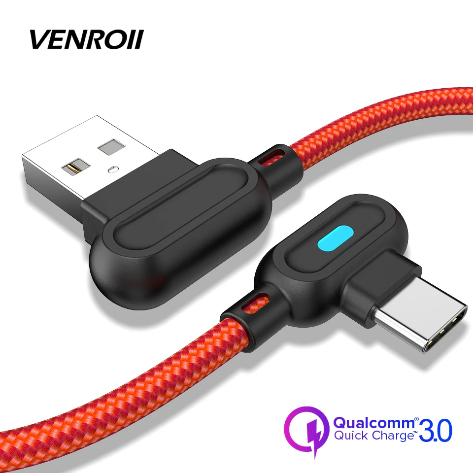 Venroii кабель usb type C 1 м светодиодный кабель для быстрой зарядки и синхронизации данных для samsung huawei Xiaomi 90 градусов Android мобильный телефон игры Kable