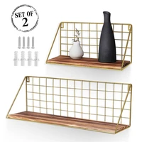 agsivo 2pcs wooden iron wall shelf punch free wall mounted storage rack for kitchen bedroom home decor bathroom household items