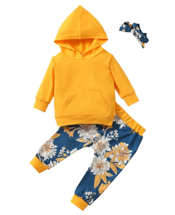 

111 Yellow Long Sleeve Hoodie with Big Pocket, Loose Floral Trousers, Flower Bow Headband, 3-24 Months, Daily Life