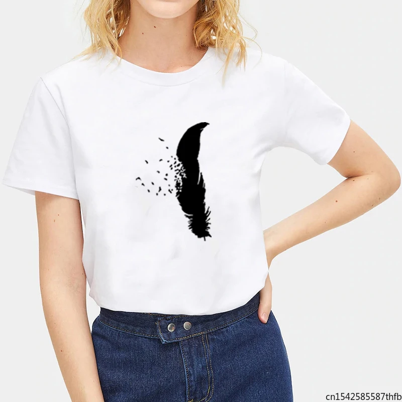 

Модные футболки с принтом перьев, коротким рукавом и круглым вырезом, свободные футболки для женщин, топы, Повседневная футболка