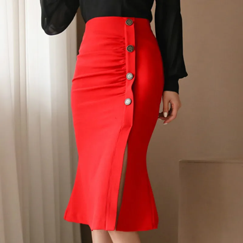 Женская однобортная юбка годе однотонная красная облегающая длиной до колена