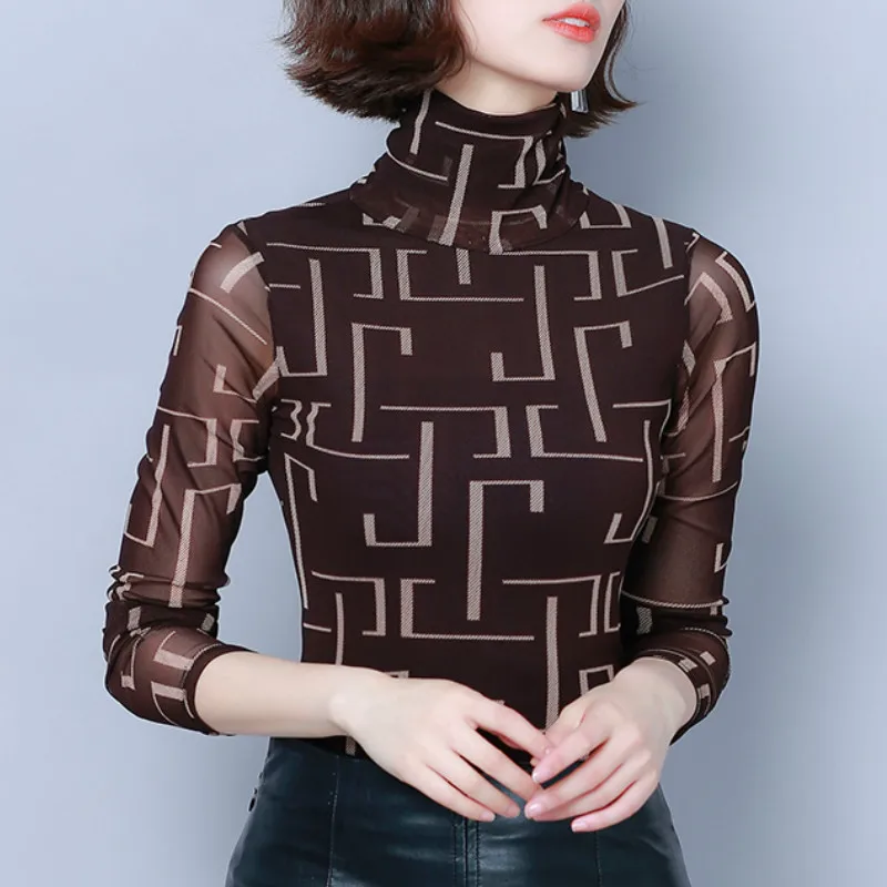 Осенняя водолазка с принтом блузка размера плюс женские рубашки длинным рукавом