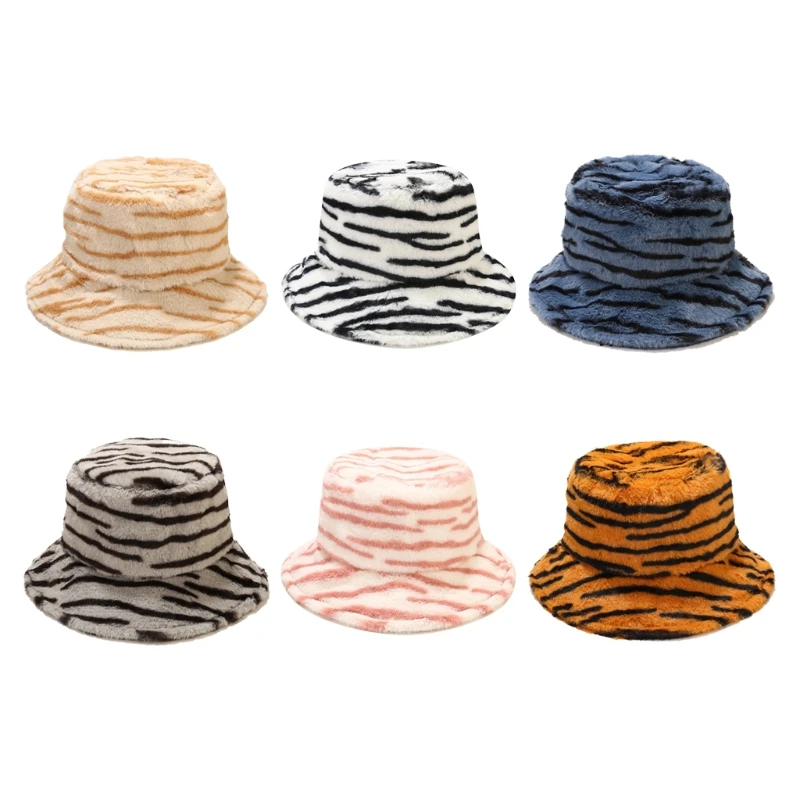 

Zebra Striped Plush Basin Hat Fisherman Hat Faux Rabbit Fur Wool Hat Warm Fisherman Cap for Hipster Trend Fluffy Casual