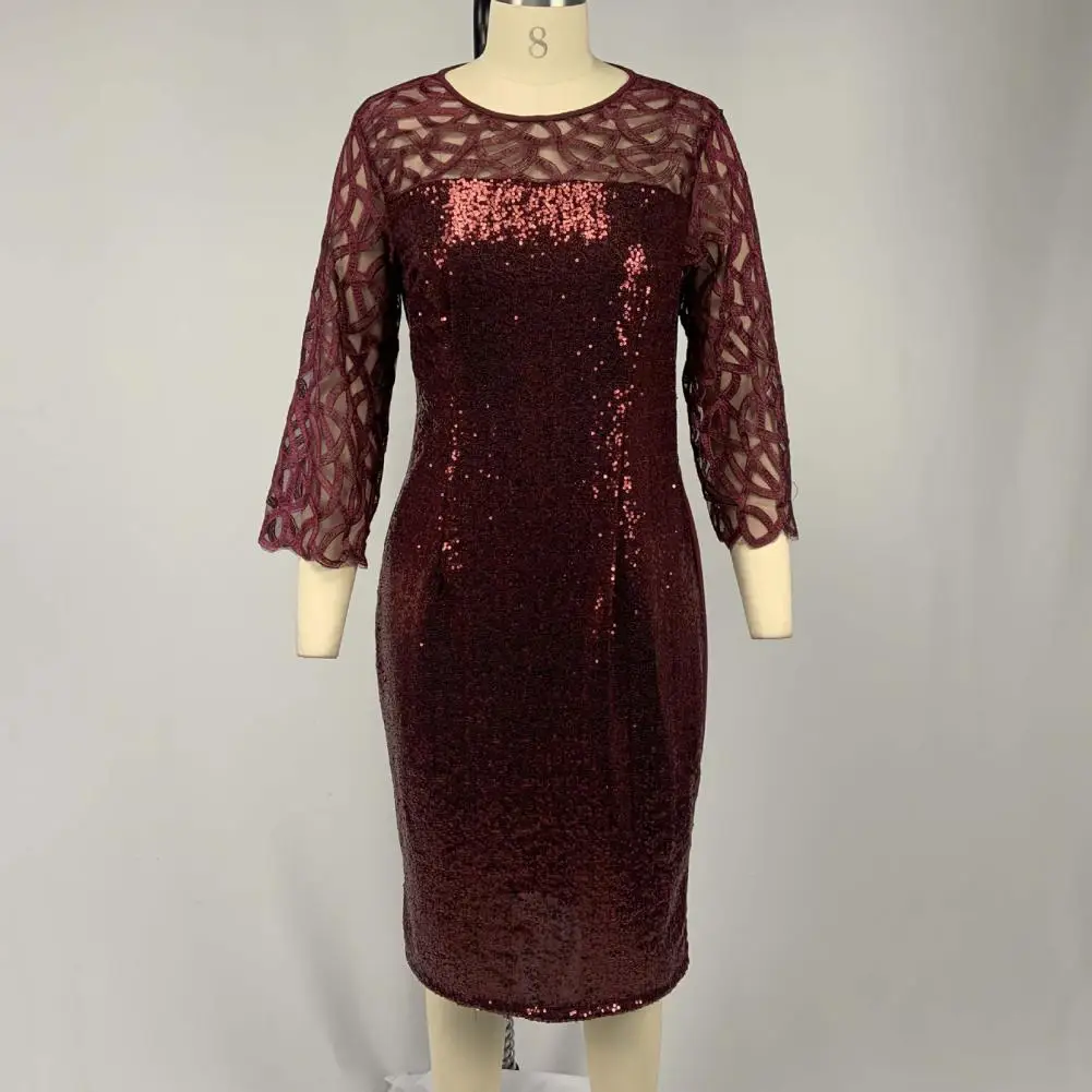 

Dresses Women O Neck 3/4 Sleeve Sheer Patchwork Shiny Sequins Bodycon Knee-length Dress dresses spring women short sleeve dress
