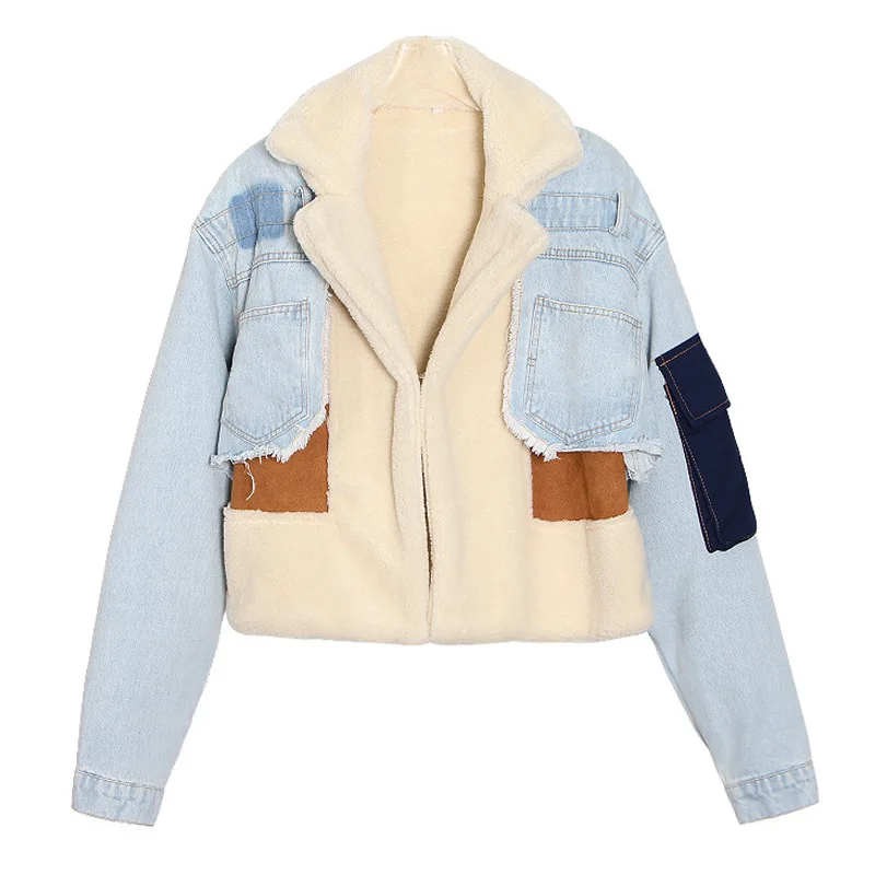 

Lambswool Denim Jacket 2021 Winter Women Turn-down Collar Long Sleeve Patchwork Jeans Jacket Femme Thick Warm Cropped Black Coat