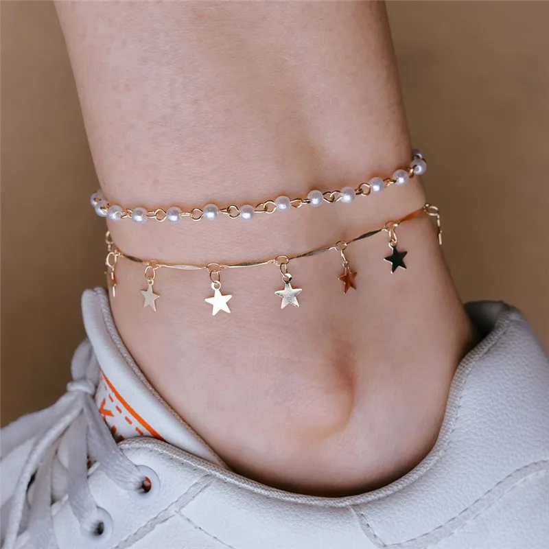 

LETAPI Female Gold color Bohemian Beach Barefoot Anklets Bracelet Sandals Simulated Pearl Foot Chain Woman Leg Jewelry