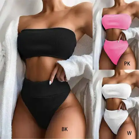 Women Sexy 2pcs Bikini Set Strapless Ribbed Bandeau Tube Top Micro Swimsuit High Waist Thong Solid Color Bathing Suit
