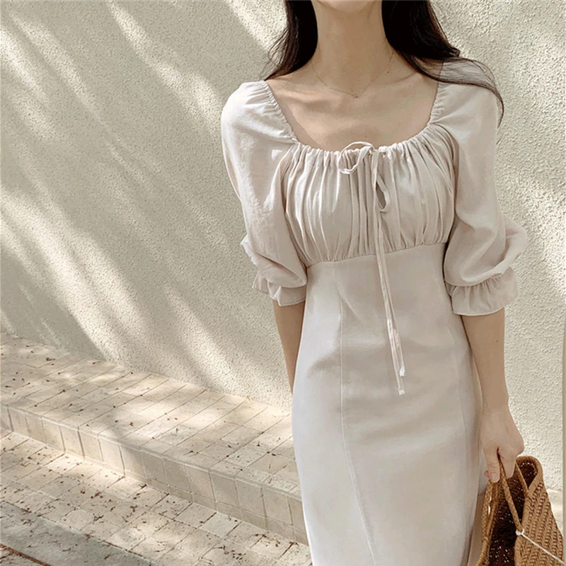 

2021 New Summer Women Dresses Square Collar High Waist Puff Sleeve Elegant Fashionable Korean Style Vintage Long Dresses DR2236