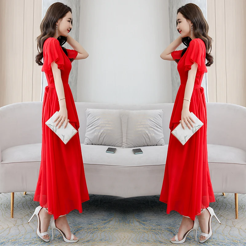 

LUKAXSIKAX 2020 New Women Summer Dress Korean Fashion Butterfly Sleeve Solid Color Chiffon Long Dress Elegant Slim Dress