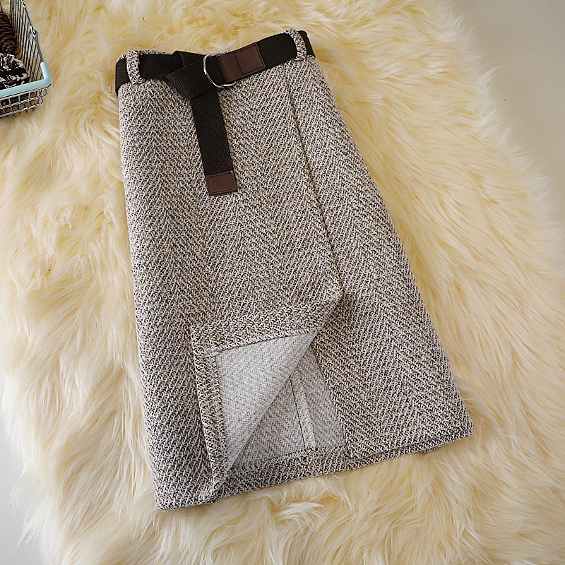 Tweed Woolen Skirt for Women Autumn Winter 2021 New Korean Fashion Black Gray Chic Knee Length High Waist Skirts With Belt | Женская