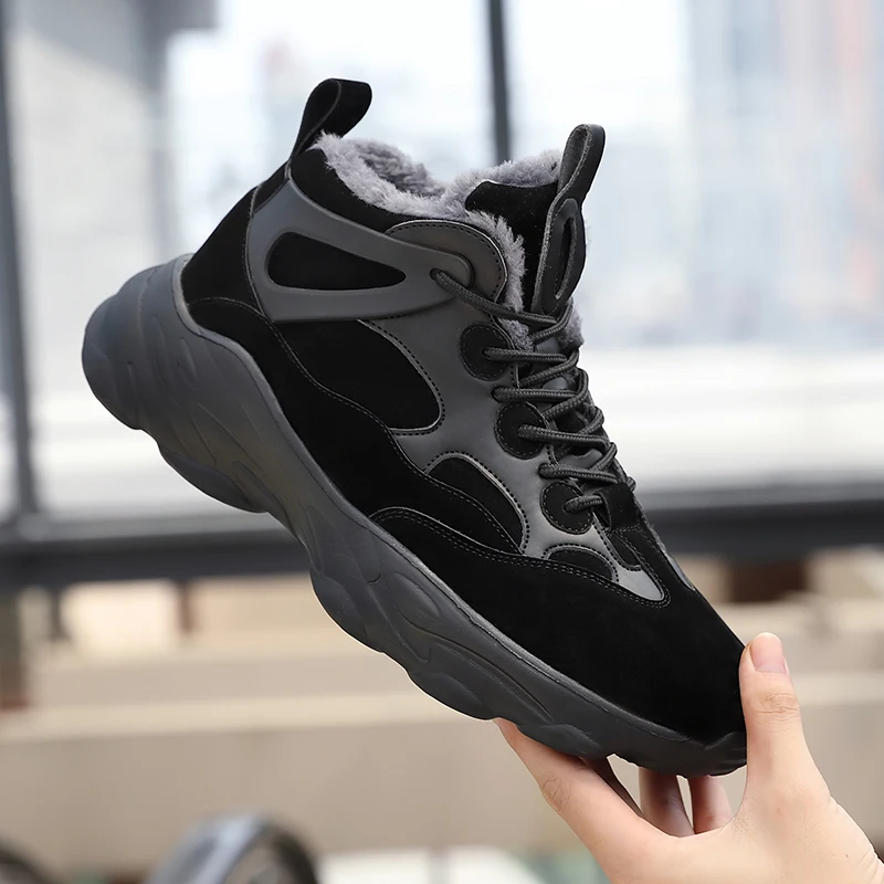 Men's Sneakers Casual Plus Velvet Winter Warm Short Ankle women Boots Plush Man's High-top women Snow Shoes Обувь Мужская - Color: Black