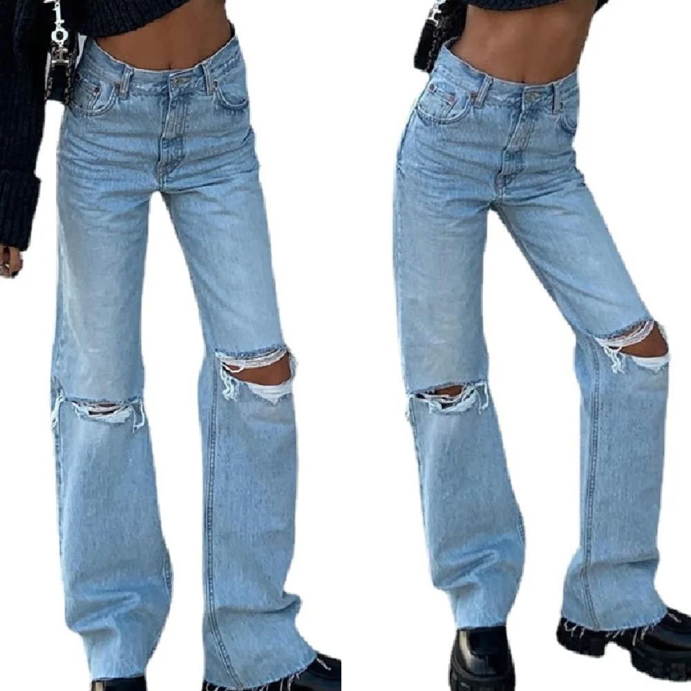 

Women Casual Jeans Pants Streetwear Ripped Holes Jeans Trousers High Waist Zipper Denim Blue Wide Leg Flare Pants