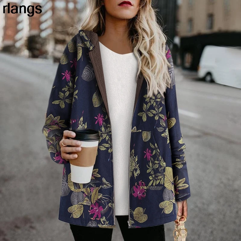 Winter Women's Padded Jacket European And American Linen Cotton Printed Padded Jacket Plus Velvet Thick Padded Jacket Women