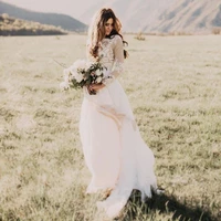 2018 bohemian country sheer neck long sleeves beach lace applique vestido de noiva chiffon boho bridal gowns cheap wedding dress