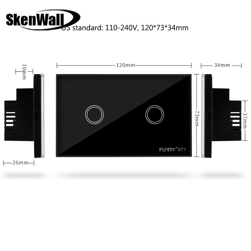 2Gang Wall Light Remote Control Black Touch Switch Luxury Crystal Glass Panel Led 110-240V 120*73*34mm US Standard | Обустройство