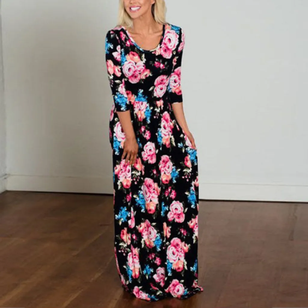 Платье для мамы и дочки 2019 синее длинное платье с цветочным принтом одежда