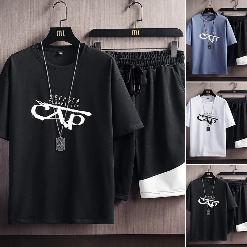 

2021 Summer New Men Shorts Sets Short Sleeve T Shirt+Shorts Solid Male Tracksuit Set Mens Brand Clothing 2 Piece Casual Sets 5XL