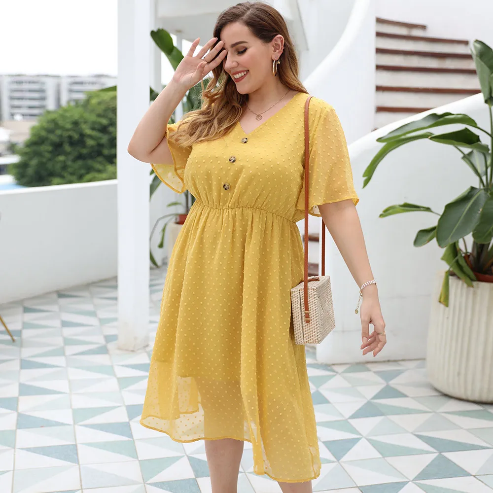 Женское шифоновое платье с V образным вырезом желтое элегантное свободное